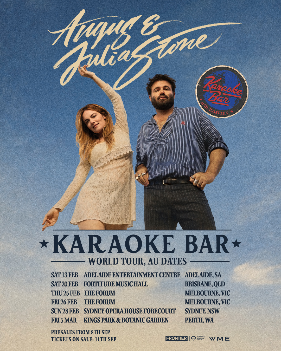 Tour poster for Angus & Julia Stone's Karaoke Bar World Tour, listing Australian concert dates against a blue sky background.